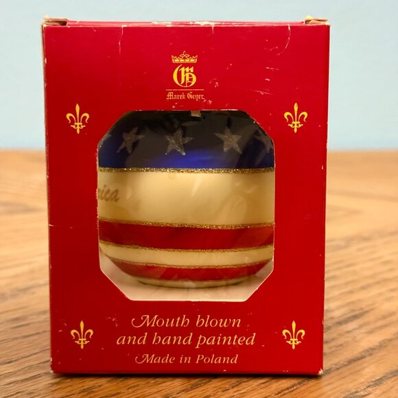 Vintage Handmade Hand Painted Glass God Bless America Ornament Red White Blue - Picture 2 of 14